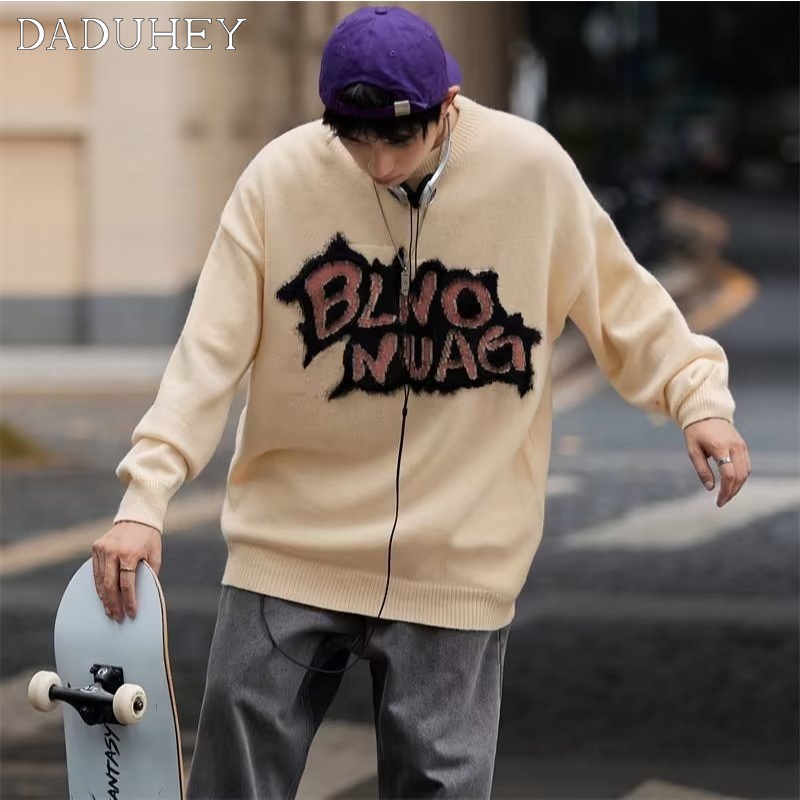 DaDuHey Men's Vintage Retro Alphabet Printed Long-Sleeved Top Hong Kong Style Fashion Brand Loose Oversize Sweater