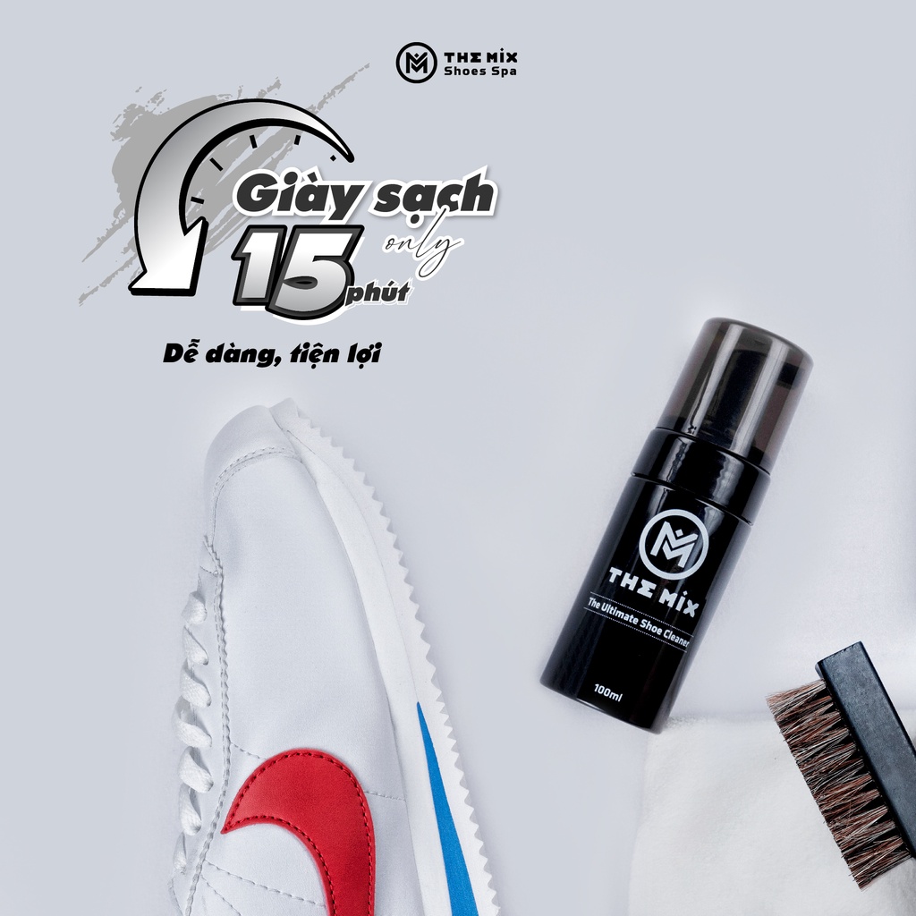 Bộ vệ sinh tẩy trắng giày thể thao The Mix,The Mix Shoes Cleaner 100ml, bàn chải lông ngựa