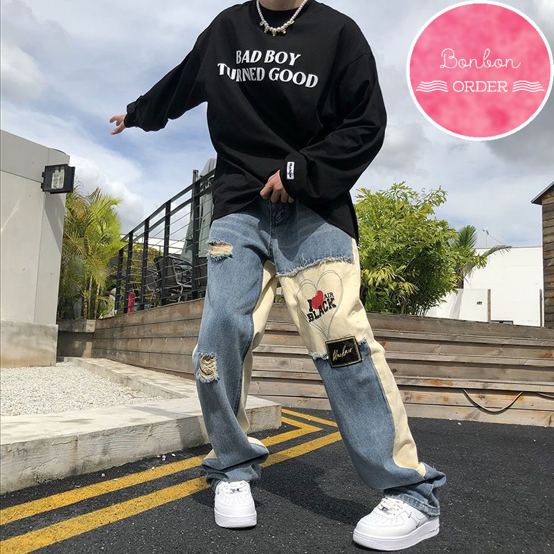 QUẦN JEAN ULZZANG ỐNG RỘNG PHỐI MÀU CỰC CHẤT - [Bonbon Order Ulzzang]