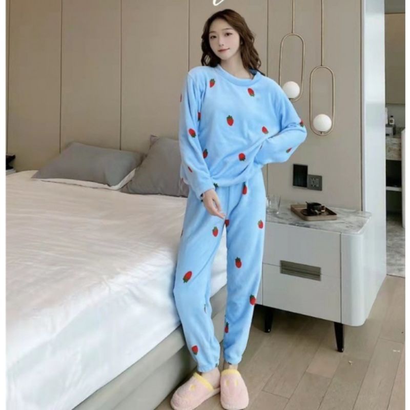 Bộ đồ ngủ lông trơn họa tiết DÂU, Quần bông giữ nhiệt siêu ấm