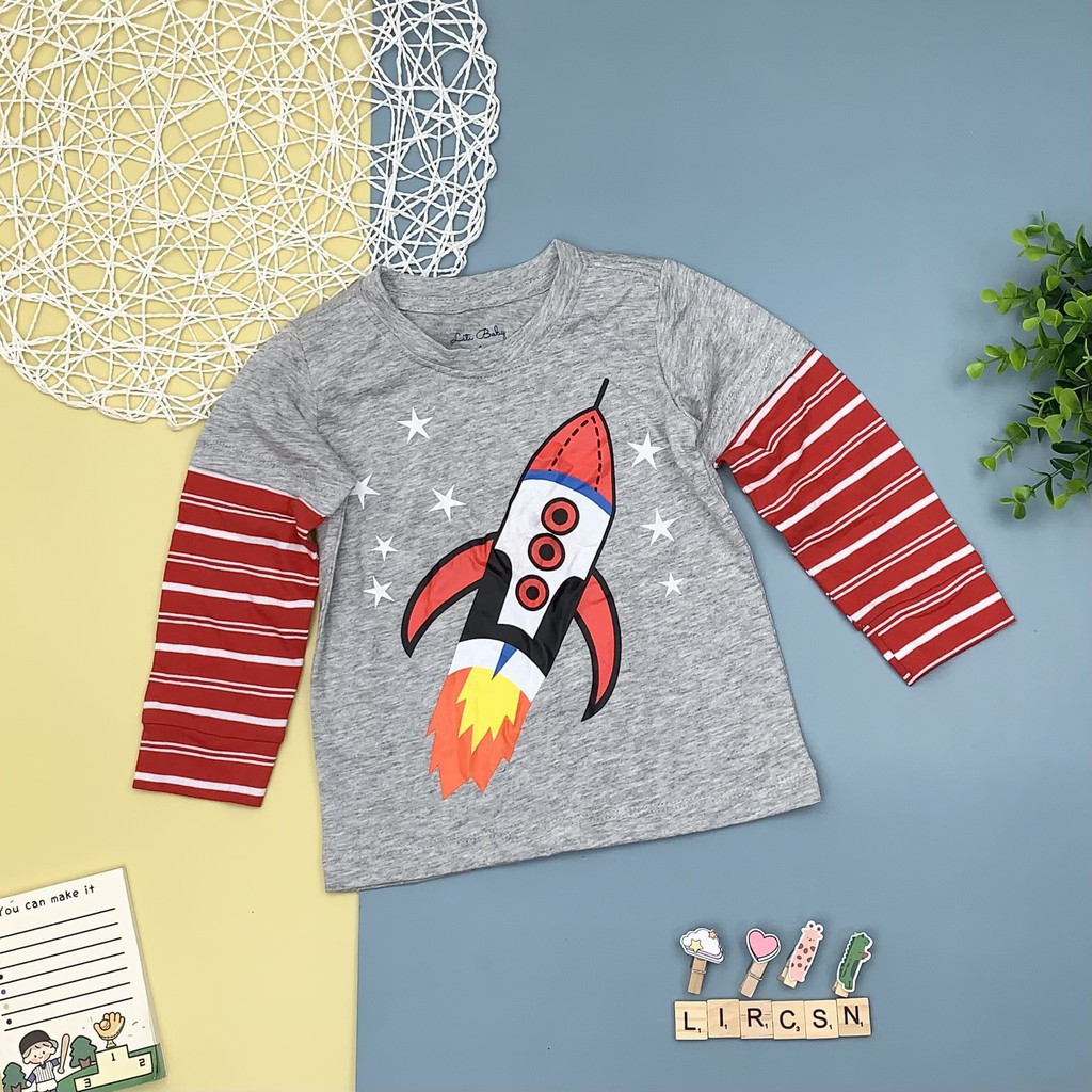 Áo cotton thu đông bé trai dài, phối tay in hình size 6-10T, cho bạn từ 19-30kg, chất cotton dày dặn, đanh tay. Lô 2