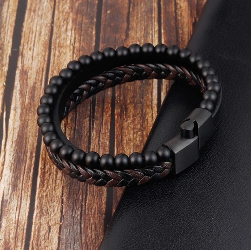 Vòng đeo tay bằng da phối chuỗi hạt thiết kế nhiều lớp hợp thời trang