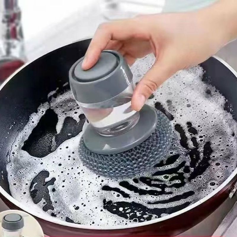 Cọ rửa xoong nồi có bình chứa xà phòng dạng nhấn tiện lợi
