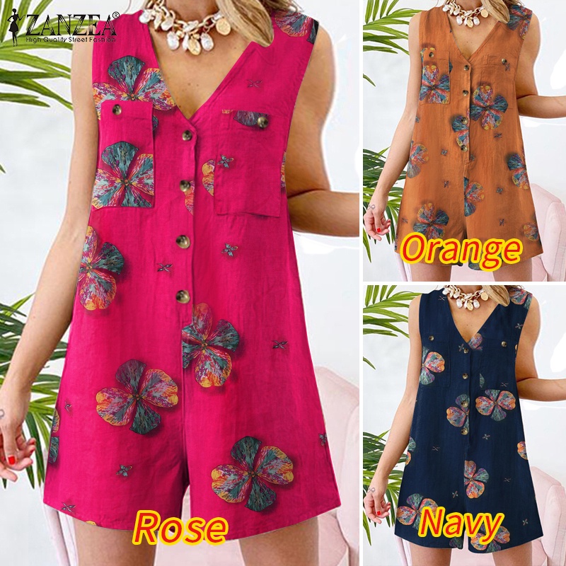 Áo liền quần ZANZEA cổ chữ V không tay có túi phía trước thời trang vintage dành cho nữ