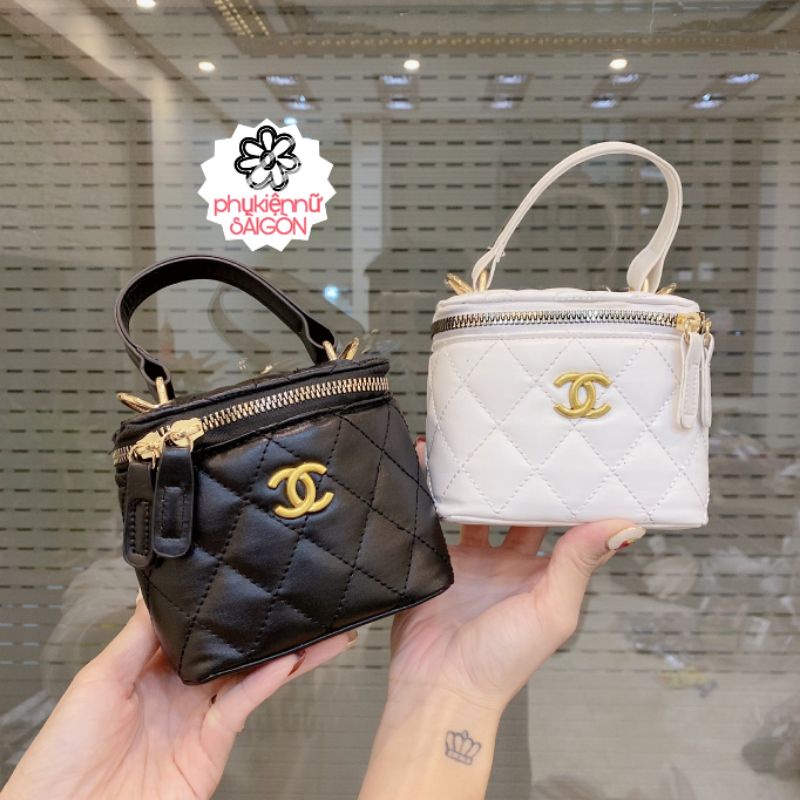 Túi hộp Cha'nel mẹ bé❤ Túi hộp mini sz 13 cm da trám khóa đồng sáng bóng ❤lót đỏ xịn ❤ dây đeo luồn xích không gỉ