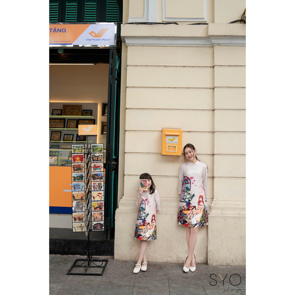 Áo Dài Cách Tân KID In Hình Cô Gái Uống Trà SYO AD010
