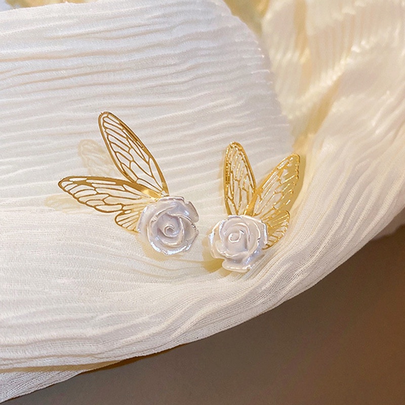 Bông Tai Hình Hoa Hồng Và Cánh Bướm Màu Trắng Dễ Thương Phong Cách Hàn Quốc Thời Trang Cho Nữ