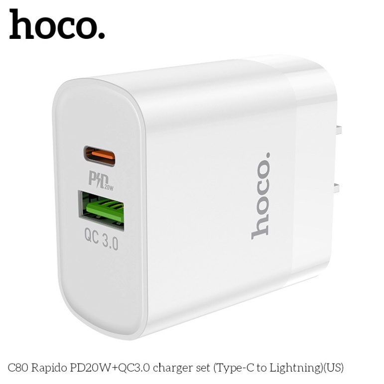 Bộ sạc nhanh 20W chĩnh hãng hoco 2 cổng sạc C80/C80A - Bảo hành 12 tháng
