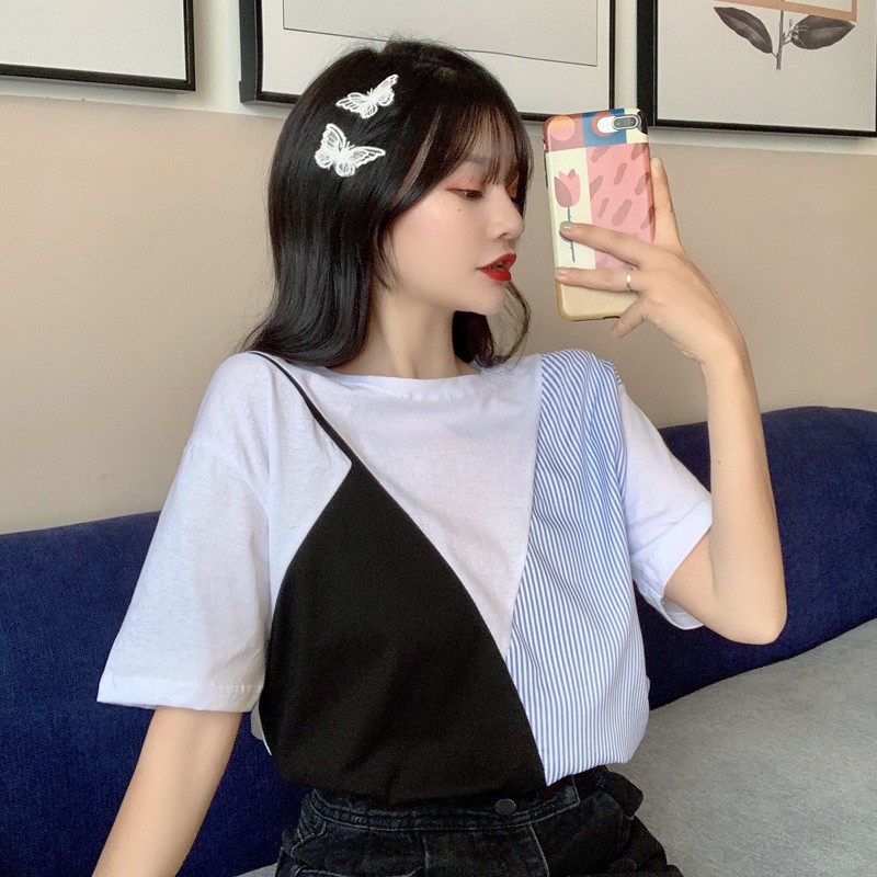 Áo thun SUXI tay ngắn cổ tròn kẻ sọc phong cách Hàn Quốc cho nữ