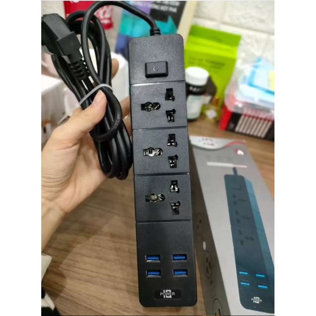 3 Ổ + 4USB 3.1A Ổ cắm điện thông minh cao cấp T08, dây dài 2m, 4 USB 3 phích cắm, công suất 2500W chống giật, lõi đồng