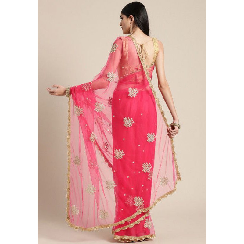 Saree Ấn Độ ren thêu hoa màu hồng