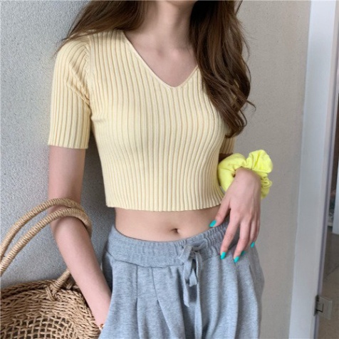 Áo croptop nữ len dệt kim nữ cổ tim tay ngắn LUHAZO xiaozhainv S4T1-5