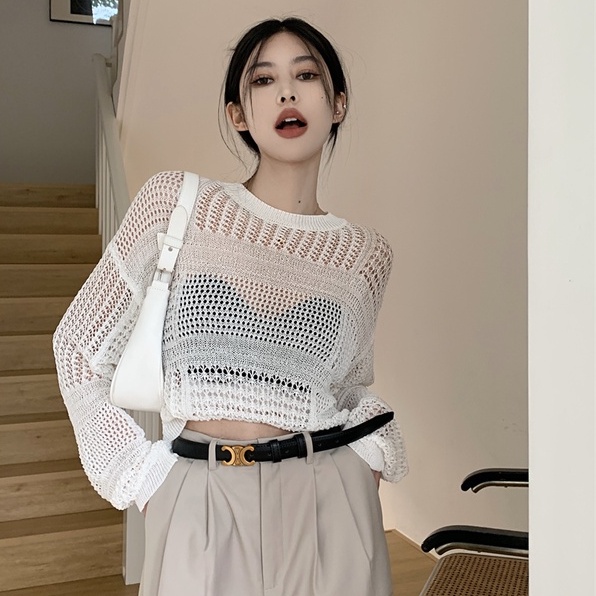 NUZIRO  Áo Len Tay Dài Phối Lưới Thời Trang Cho Nữ