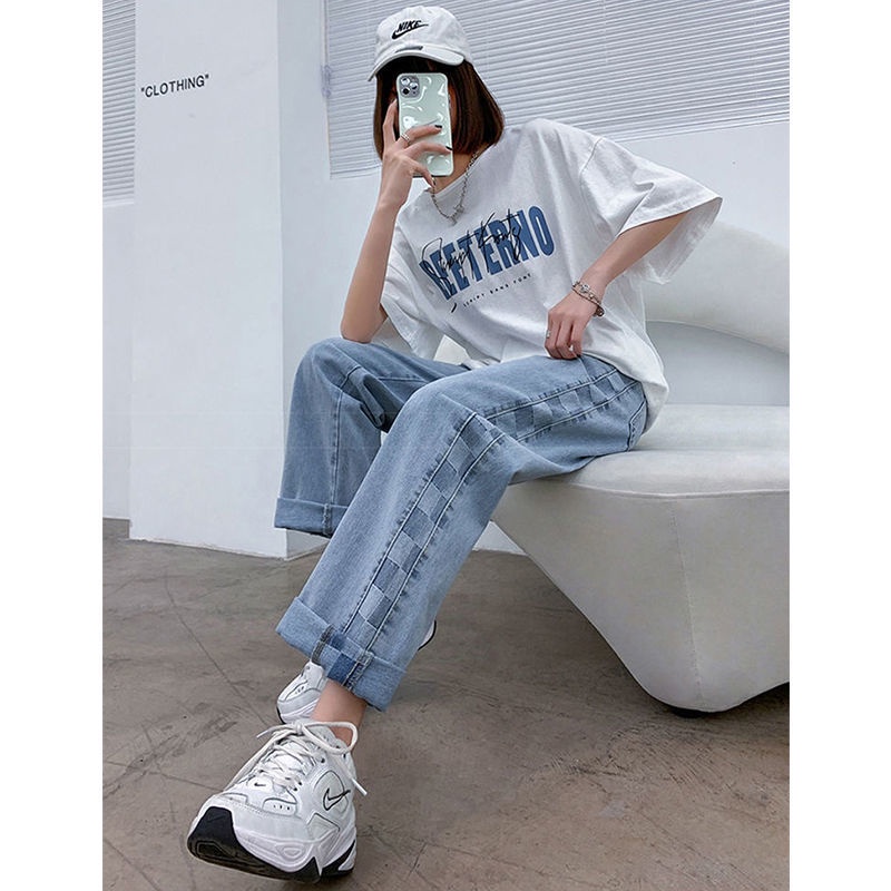 Plus Quần Jean Dài Lưng Cao Ống Rộng Sọc Ca Rô Thời Trang Trẻ Trung