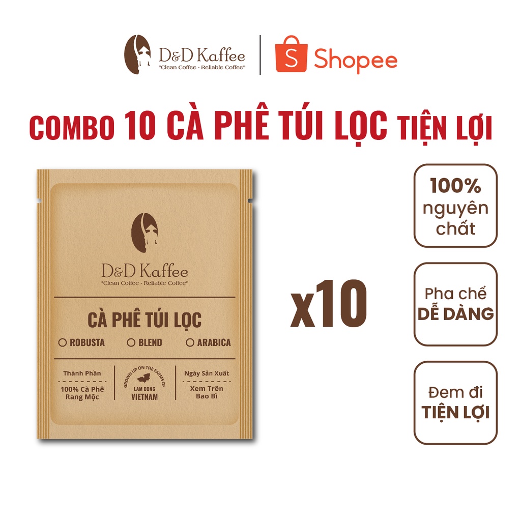 Cà Phê Phin Giấy Nguyên Chất Rang Mộc D&amp;D Kaffee -  [Combo 5 túi và 10 túi] Tiện lợi đi du lịch - 12gr/Túi