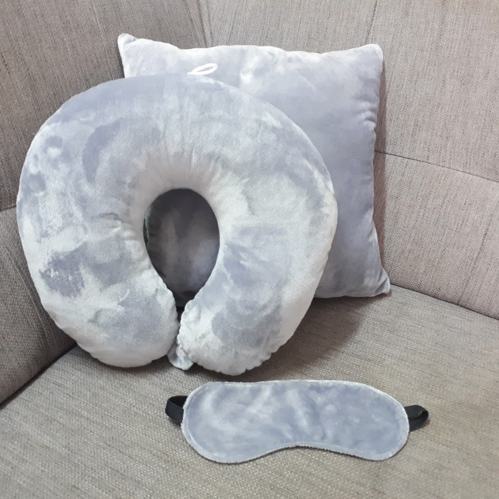 ◆✙□combo bộ 3 món, gối tựa lưng văn phòng, kệ cổ chữ u có dây treo và nút bấm, miếng che mắt ngủ phòng - xám