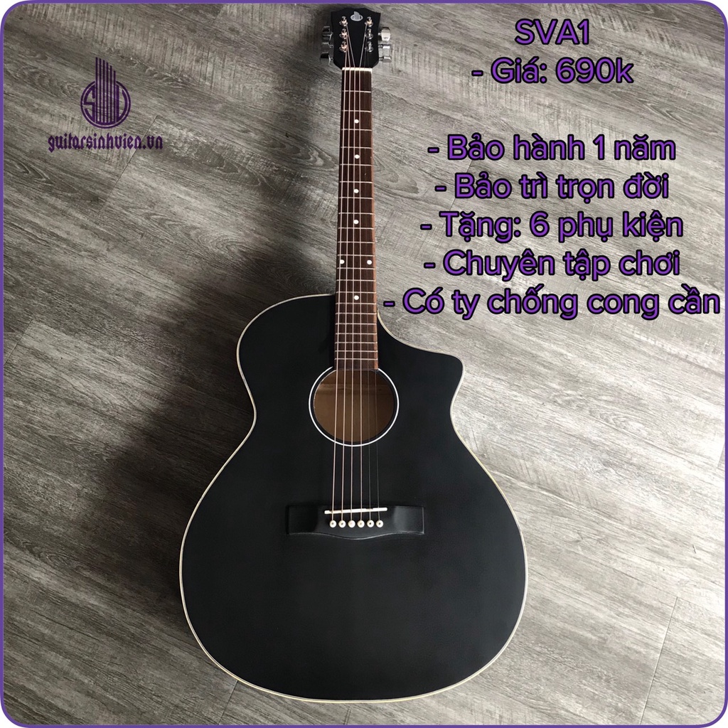 Đàn guitar acoustic tập chơi màu đen SVA1 - có ty chống cong, tặng phụ kiện - Bảo hành 1 năm