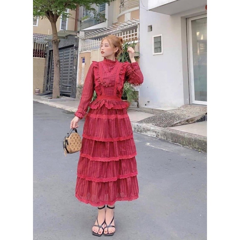 ĐẦM TIỆC ĐỎ ĐÔ VÁY XÒE STYLE BOHO MAXI THỔ CẨM NHÚN TẦNG DU LỊCH VINATGE THỔ CẨM BOHEMIAN sống ảo (KÈM HÌNH THẬT CẬN VẢI