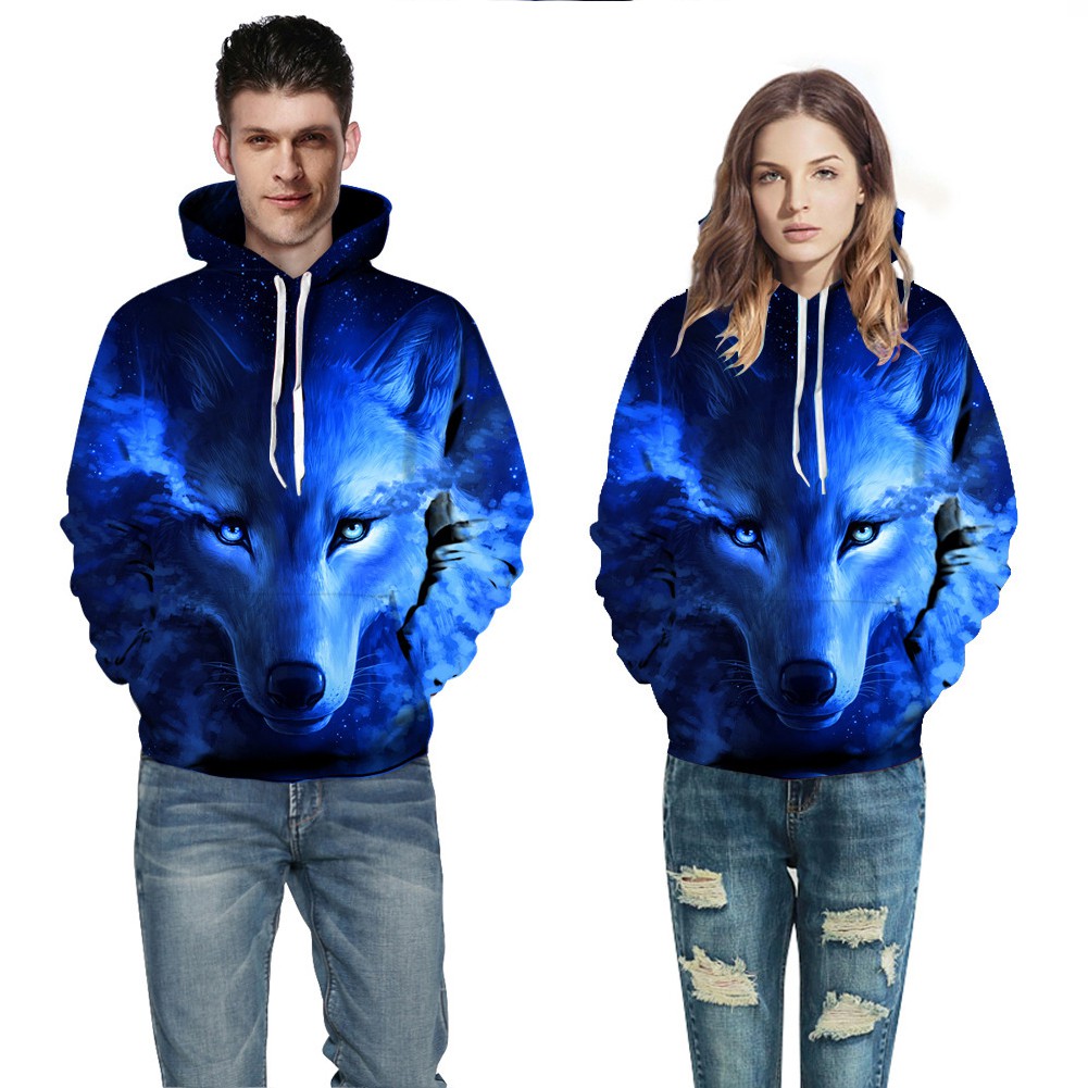 Men Women 3D Blue Wolf Digital Printing Hooded Sweatshirt