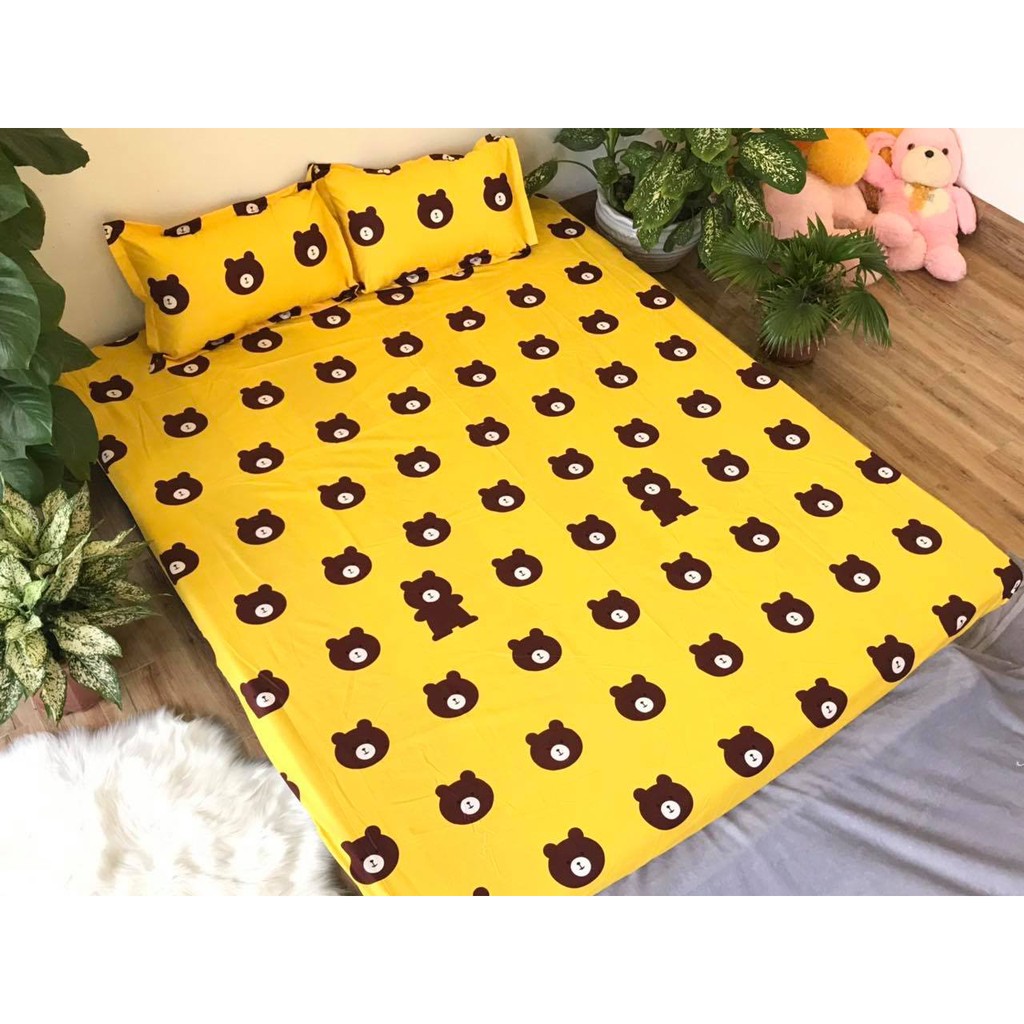 Bộ ga chun và 2 áo gối nằm Emmidecor - mẫu Gấu vàng, drap cotton poly