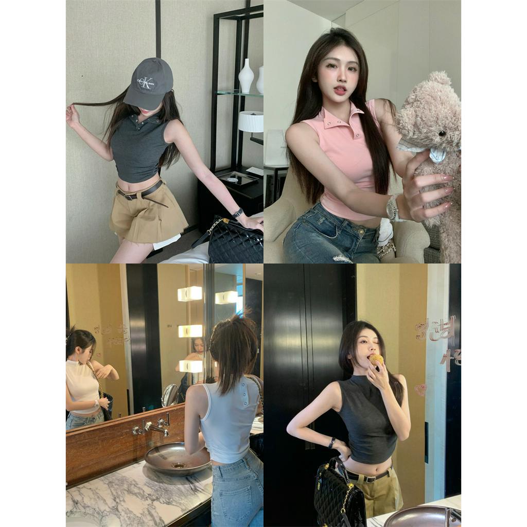 QADCOL Áo Thun Cotton Không Tay Cổ Cao Dáng Ôm Màu Hồng Thời Trang Mùa Hè Quyến Rũ Cho Nữ