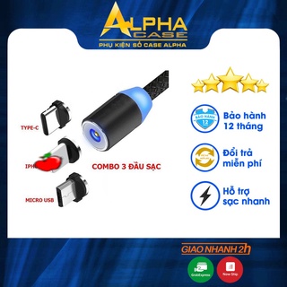 Cáp sạc từ hít nam châm 3 đầu Android và iP 360 độ dây dù,có LED casealpha