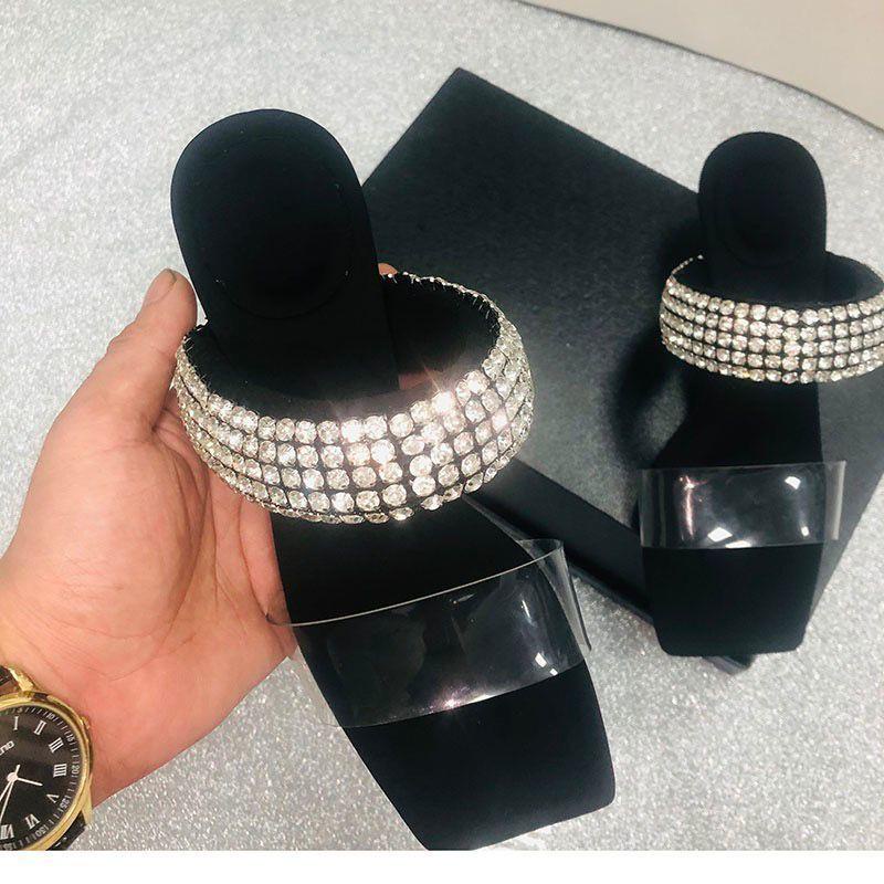 Dép Cao Gót Mũi Vuông Quai Trong Suốt Đính Đá Phong Cách Âu Mỹ 2022 Thời Trang