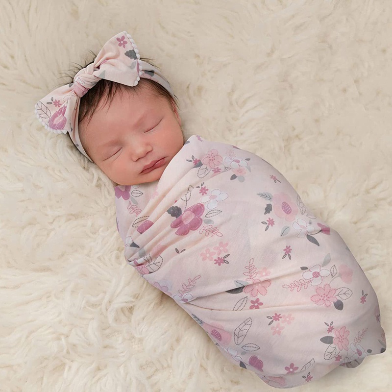 Set 2 Món Gồm Khăn Quấn + Mũ Beanie Bằng Sợi Nhỏ In Họa Tiết Hoa / Động Vật Dễ Thương Cho Bé Sơ Sinh