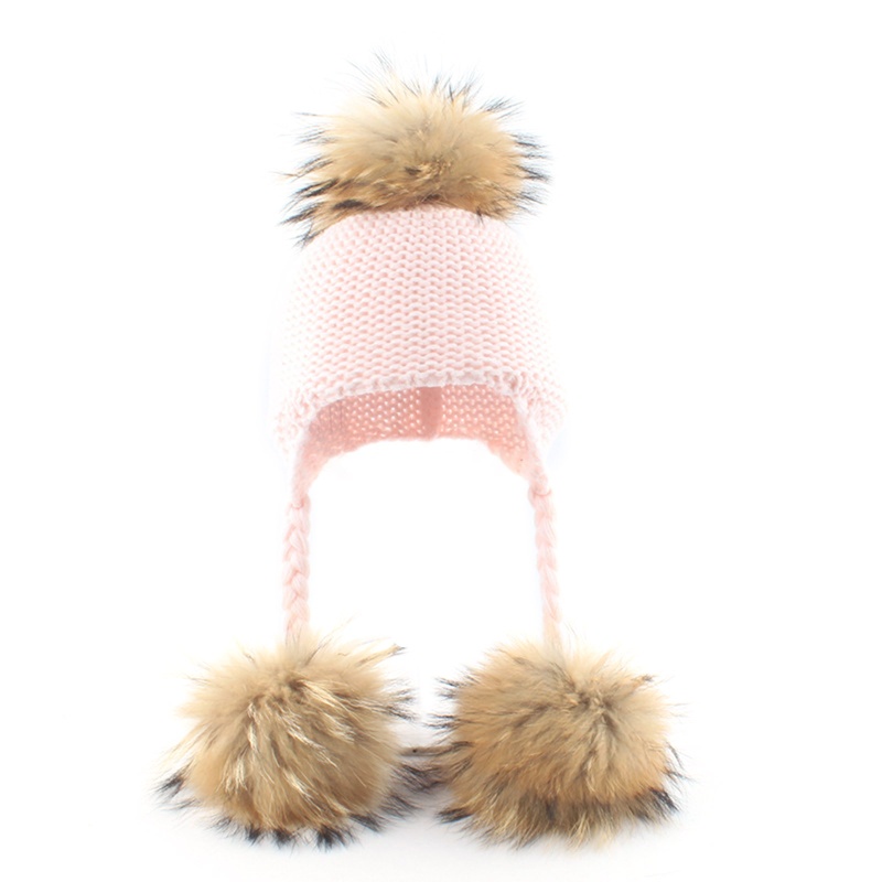 Mũ Beanie Dệt Kim Phối Lông Gấu Mèo 3 Màu Sắc Trơn Giữ Ấm Tai Thời Trang Thu Đông Cho Bé