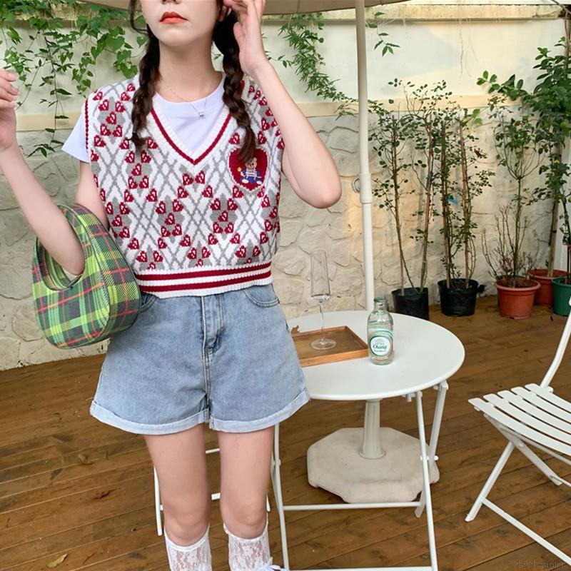 Áo dệt kim sát nách cổ chữ V phối màu sắc tương phản phong cách retro thời trang dành cho nữ