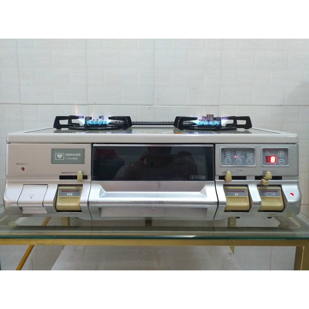 BẾP GAS OSAKA MẶT KÍNH FULL LÒ NƯỚNG 2 TẦNG LỬA ,HẸN GIỜ TẮT HÀNG NỘI ĐỊA NHẬT