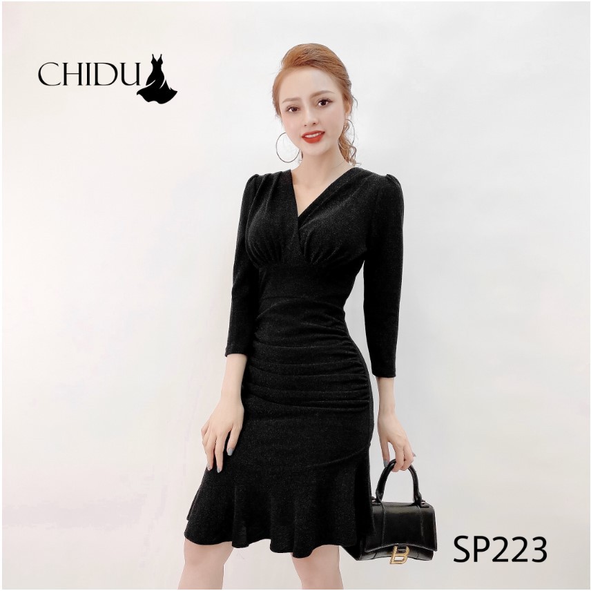 CHIDU Đầm đuôi cá cổ V tôn dáng, đầm công sở body quyến rũ SP223
