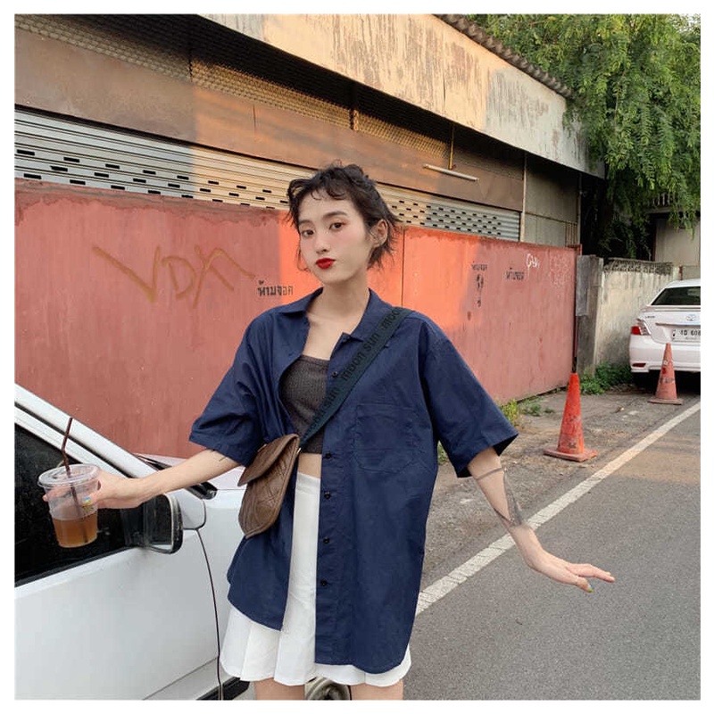 Áo Sơ Mi Ngắn Tay Màu Sắc Đơn Giản Phong Cách Retro