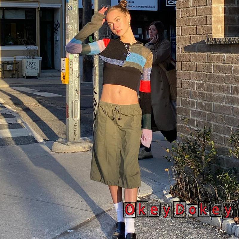 Áo Croptop Dệt Kim Tay Dài Kẻ Sọc Cổ Điển Phối Nút Thoáng Khí Phong Cách Harajuku Cho Nữ