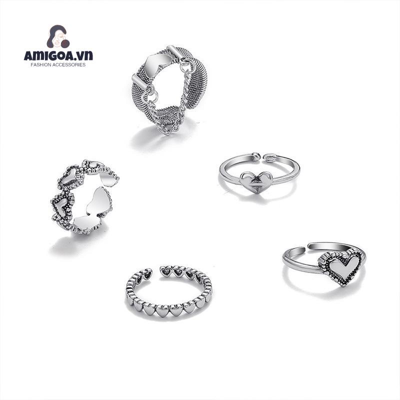 ✨✨Bộ 5 Nhẫn Hở Họa Tiết Trái Tim Đơn Giản Sáng Tạo Phong Cách Cổ Điển
