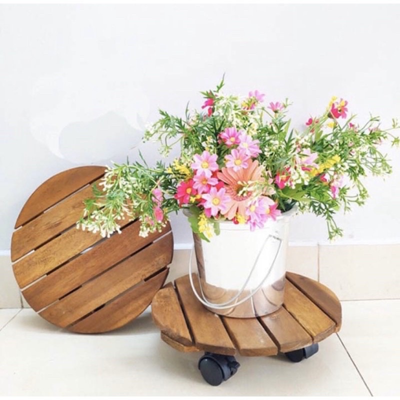 Đế gỗ để châu cây có 4 bánh xe- kệ giá đỡ chậu cây hoa cây cảnh.