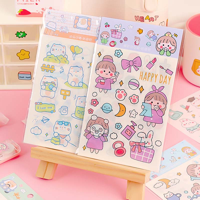 Set 4 tấm miếng dán họa tiết bé gái / chú gấu đáng yêu dùng trang trí sổ tay