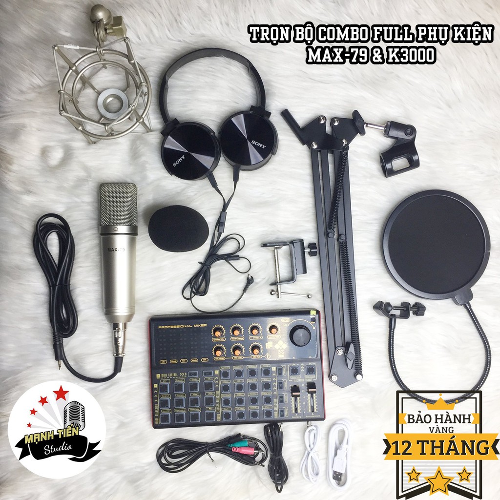 [bảo hành 12th] trọn bộ combo micro Max79 + sound card K3000 + full phụ kiện livestream karaoke thu âm cao cấp xịn sò