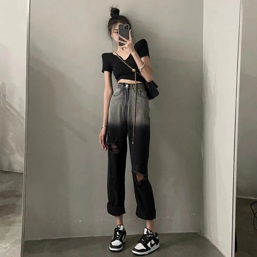 Jiashucheng Quần Jean Rách Màu Gradient Lưng Cao Dáng Rộng Thời Trang Hàn Quốc Cho Nữ