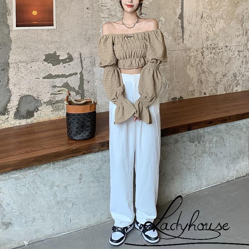 Áo Croptop Trễ Vai Tay Phồng Dài Màu Sắc Trơn Thời Trang Cho Nữ