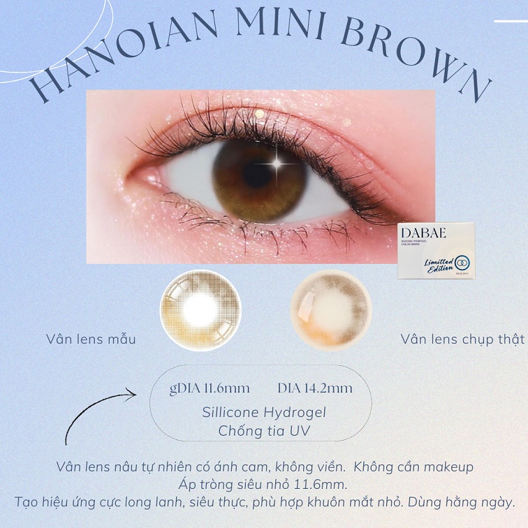 Hanoian Mini Brown lens cận mắt kính áp tròng màu nâu không viền lens filter tự nhiên có độ Hàn Quốc hãng lens dabae