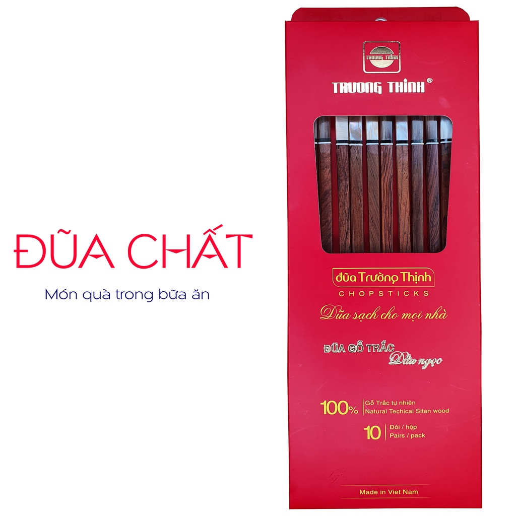 Đũa Gỗ Trắc Cao Cấp TRƯỜNG THỊNH Đầu Gắn Ngọc Màu Hồng - Hộp Màu Đỏ - 10 Đôi Vuông.