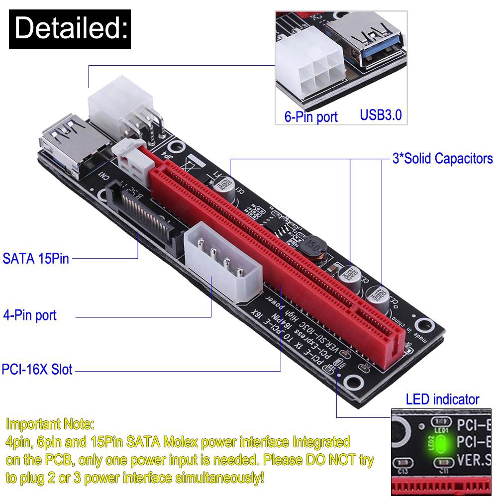 4pin 6pin SATA Power PCI Express 1x to 16X Riser Extender Card for Mining