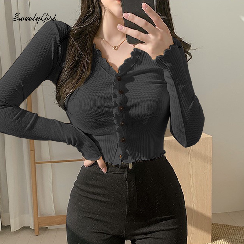 Áo Sơ Mi Tay Dài Cổ Chữ V Màu Trơn Viền Xòe Thời Trang Cho Nữ