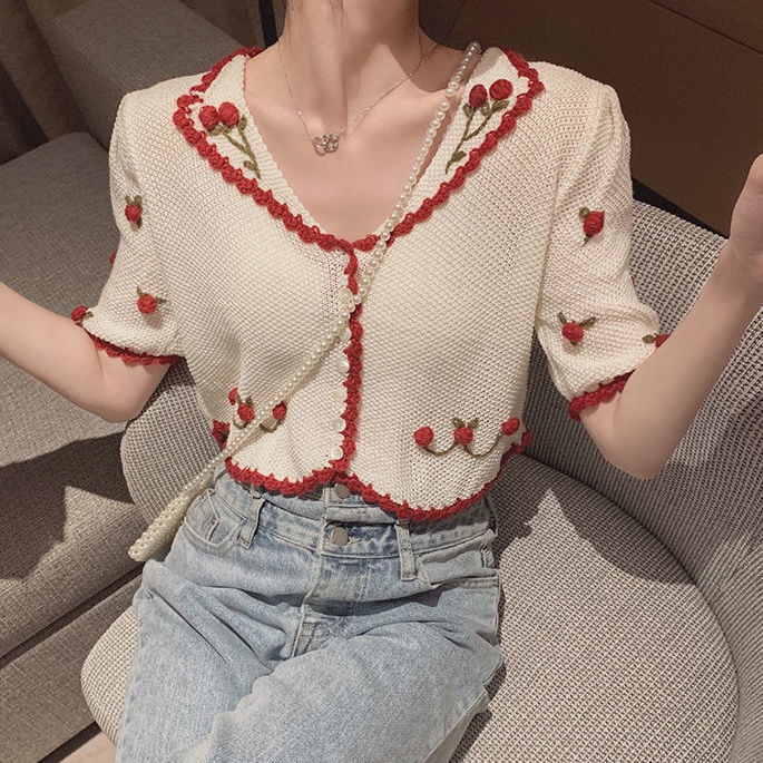 Áo Cardigan Dệt Kim Tay Ngắn Chất Liệu Lụa Mỏng Trẻ Trung Xinh Xắn Dành Cho Nữ