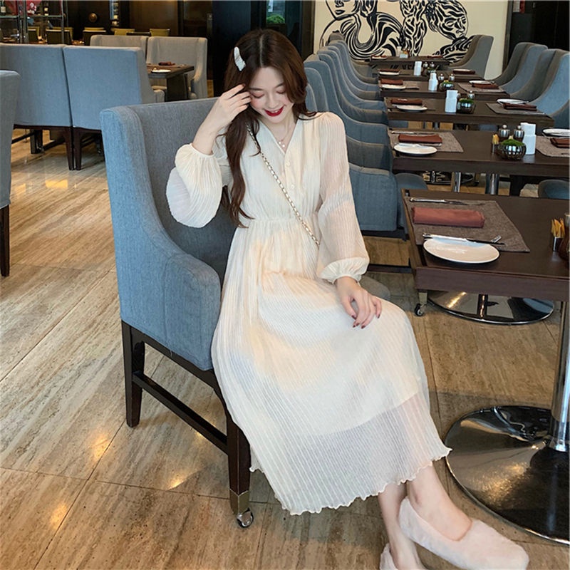 [LININ] Đầm Chiffon Dáng Dài Cổ Chữ V Xếp Ly Phong Cách Mới Mùa Thu Cho Nữ