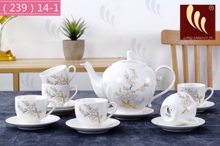 Bộ ấm chén uống trà sứ trắng hoa ghi