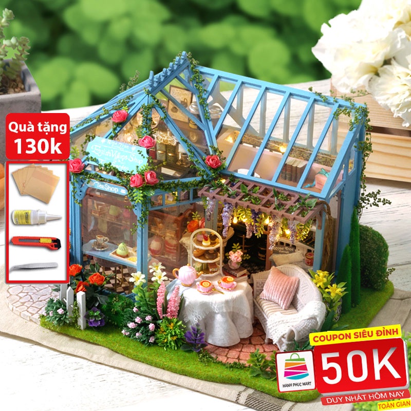 Mô hình nhà búp bê lắp ghép có đèn Led DIY Garden Tea House tặng kèm mica chắn bụi và dụng cụ lắp ráp