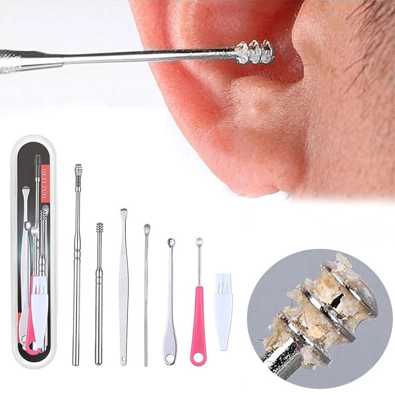 Bộ 7 Bông Tai Thép Không Gỉ / 360 Độ° Dụng Cụ Lấy Ráy Tai Hình Xoắn Ốc Tiện Lợi