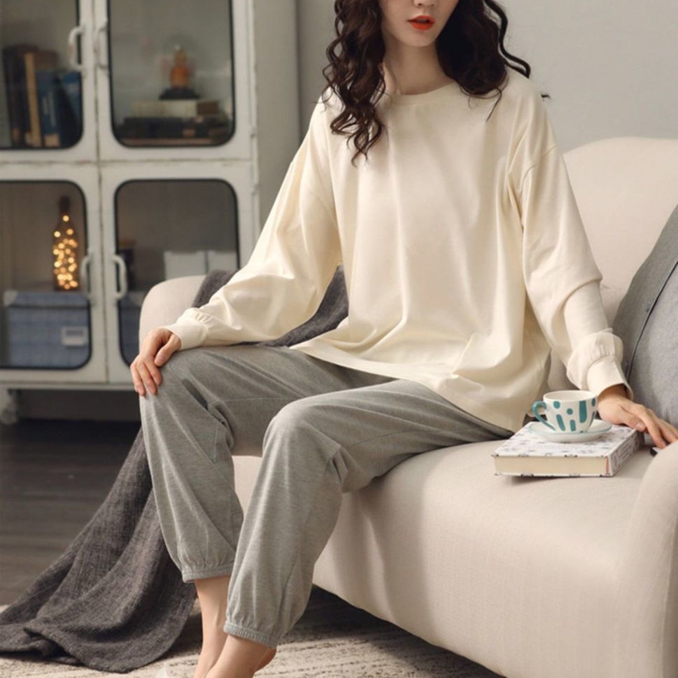 Bộ đồ ngủ tay dài dáng rộng phong cách Hàn Quốc màu trắng/đen thời trang xuân thu cho nữ | BigBuy360 - bigbuy360.vn